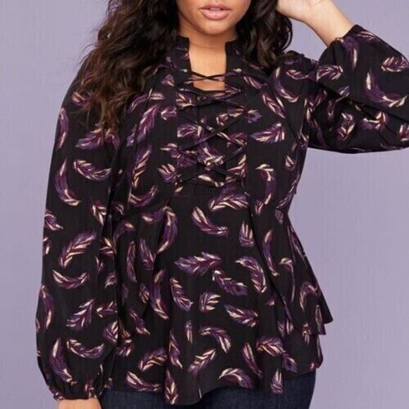 Lane Bryant Peplum Blouse Black Gold Purple Feather Lace Up Long Sleeve Size 14‎ - Picture 1 of 11